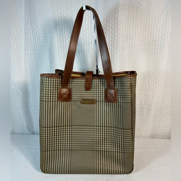 Polo Ralph Lauren Vintage Houndstooth Tote Bag Leather Trim - Picture 1 of 13